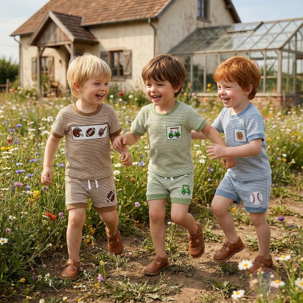 ชุดฤดูร้อนสำหรับเด็กแขนสั้น ลายเบสบอล กอล์ฟ Rugby เย็บปักถักร้อยอย่างสวยงาม เสื้อกับกางเกงขาสั้น สวม