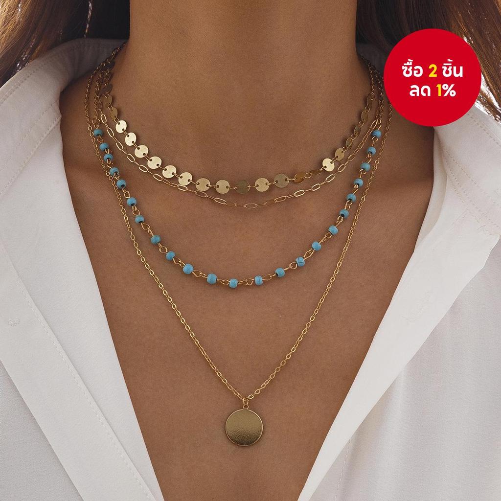 โบฮีเมีย ชุดสร้อยคอ 4 ชิ้น สีทอง ลูกปัดสีฟ้า สไตล์อินเทรนด์ จี้หัวเข็มขัด OT เครื่องประดับแฟชั่นสําห