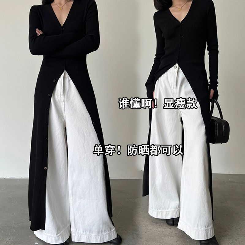 เกาหลีเกาหลี2026สีดําฤดูใบไม้ผลิฤดูใบไม้ร่วงสไตล์VคอSlim-Fitยาวผ้าไหมน้ําแข็งคาร์ดิแกนชุดผู้หญิงสไตล