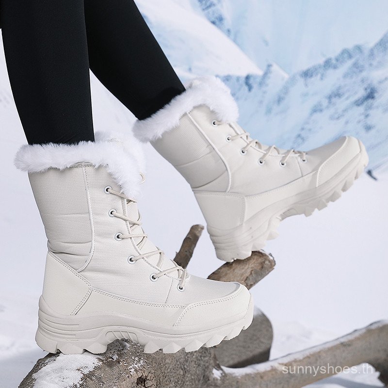 รองเท้าบูทหิมะผู้หญิง ผ้าฝ้ายและขนแกะ พื้นรองเท้ากันลื่น อบอุ่นNU4Z