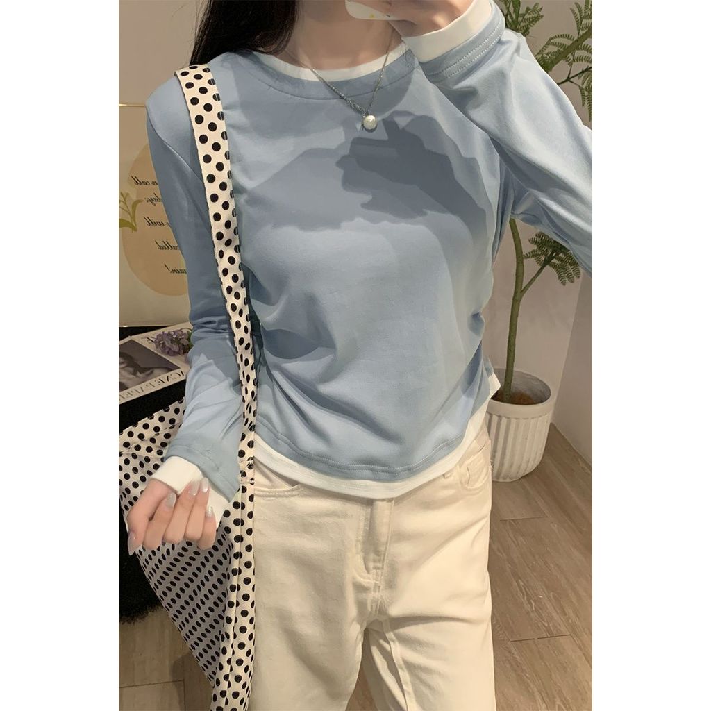 เกาหลีเกาหลี2026สีฟ้าอ่อนรอบคอสีจับคู่ปลอมBottomingเสื้อต้นฤดูใบไม้ร่วงจีบแคบ-เอวแขนยาวเสื้อยืดผู้หญ