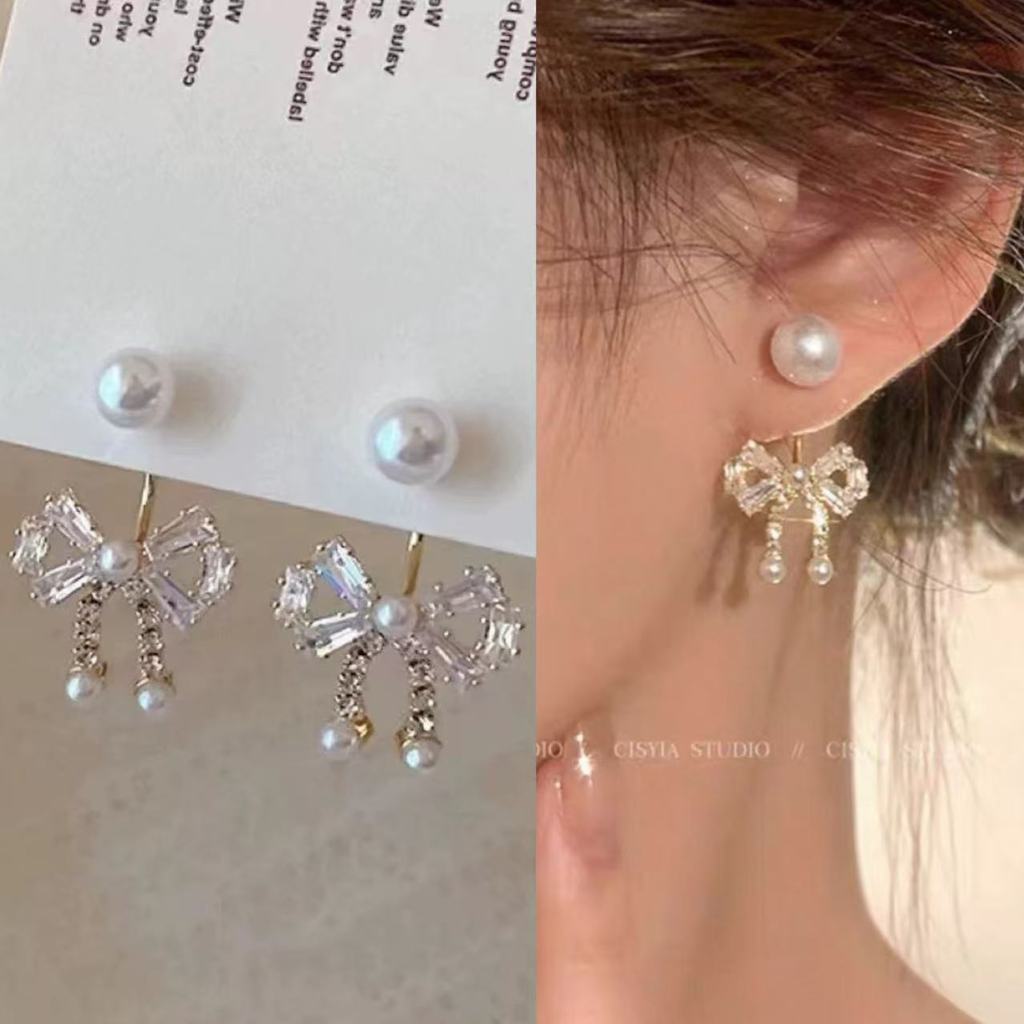 ต่างหูมุกโบว์เพทาย สไตล์ใหม่อ่อนโยนและสง่า