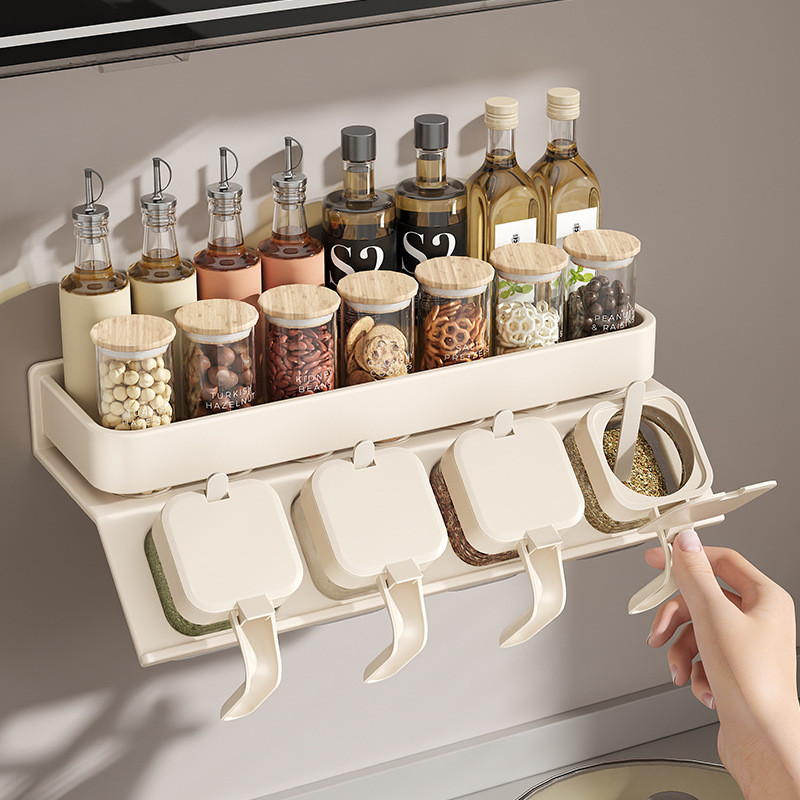 ห้องครัวเครื่องปรุงรสกล่องชั้นวางติดผนังเจาะฟรีมัลติฟังก์ชั่ในครัวเรือนเครื่องปรุงรสชั้นวาง Jar Stor