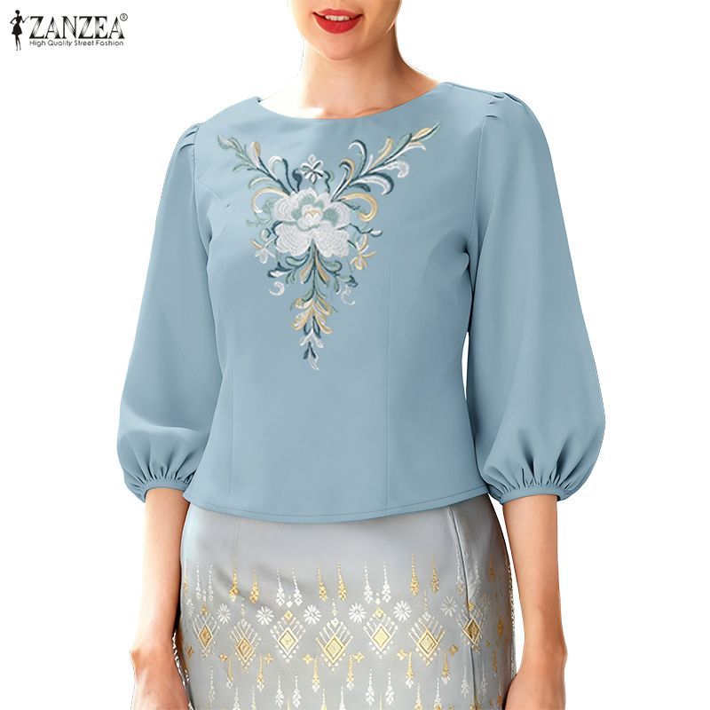 ZANZEA เสื้อแฟชั่นเกาหลีสำหรับผู้หญิง แขน3/4 ติดกระดุม ลายดอกไม้