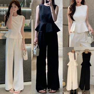 ❤ 🧵 🇰🇷 W8786 เซ็ท 2 ชิ้น เสื้อคอกลมแขนกุด ชายระบาย ซิปหลัง ม…