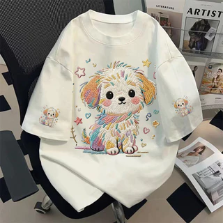TEE·SHOP🍀เสื้อยืด oversize เสื้อเท่ๆ เกาหลี "2026 Colorful dog"เสื้อแฟชั่นใ เกาหลีสไตล์ พิมพ์ลาย ผ้านิ่มใส่สบาย COD📦