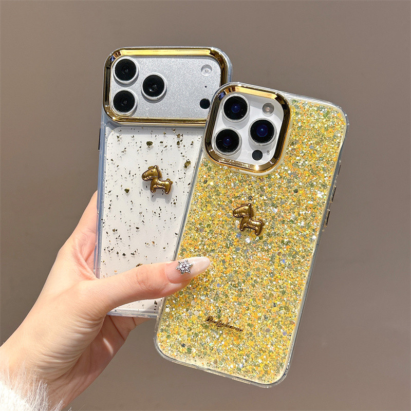 3D โลหะม้าทอง glitter เคสโทรศัพท์สําหรับ iPhone 11 12 13 14 15 16 17 Pro Max Plus Air ปลอก Anti fall ฝาครอบป้องกันสําหรับ iPhone13 กรณี