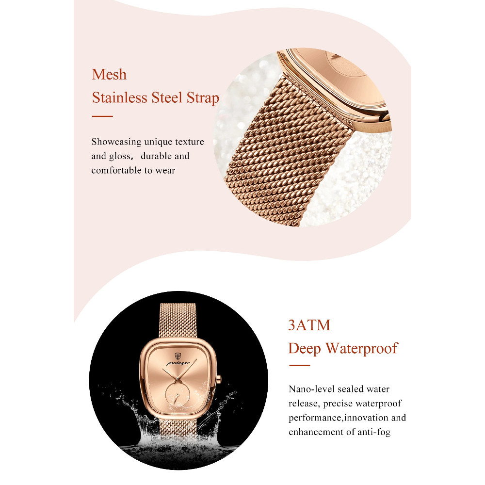 นาฬิกา โพดาการ์ ตาข่ายสแตนเลสกันน้ํา แฟชั่นและสง่างาม นาฬิกาควอตซ์ผู้หญิง - รูปที่ 5