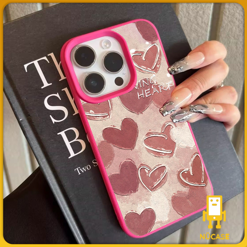 แอปเปิ้ลโทรศัพท์ เคสหัวใจภาพวาดขอบชมพู สำหรับ iPhone เคสไอโฟน 13 12 11 PRO MAX X XS MAX 16 15 14 XR 7/8PLUS จัดส่งจากประ