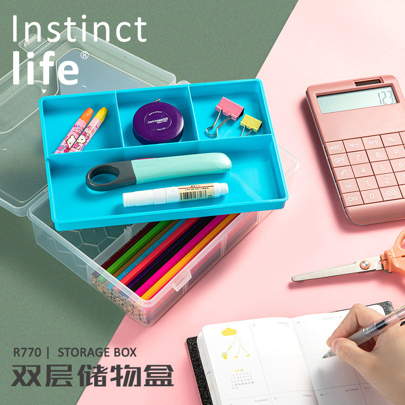 【热卖现货】美术美院用品工具收纳箱小学生塑料号双层儿童绘画画大储物文具盒Art Academy Supplies Tools Storage Box Pupil Plas