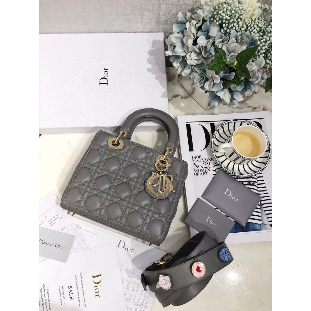 DIOR CD DIOR Bag 4 Grid Sheepskin Grey Badge 20cm