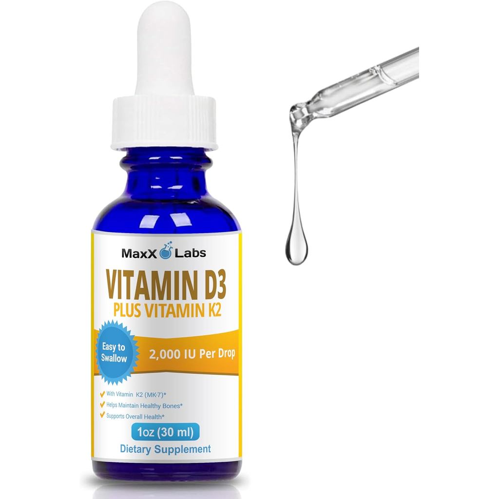 MaxX Labs Vitamin D3 K2 Liquid Drops - Liquid Vitamin-D3 2000 IU ต่อหยดด้วย K2 ขยายสําหรับผู้ใหญ่และ