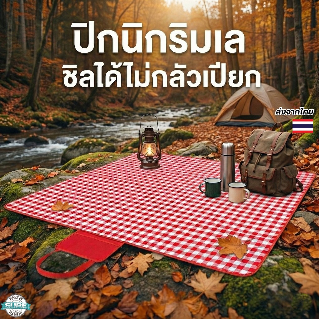 เสื่อตั้งแคมป์ปิกนิก พับเก็บได้ มีสายหิ้ว กันน้ำหนาอย่างดี ใช้งานได้ทั้งในสวนและชายหาด สะดวกพกพา