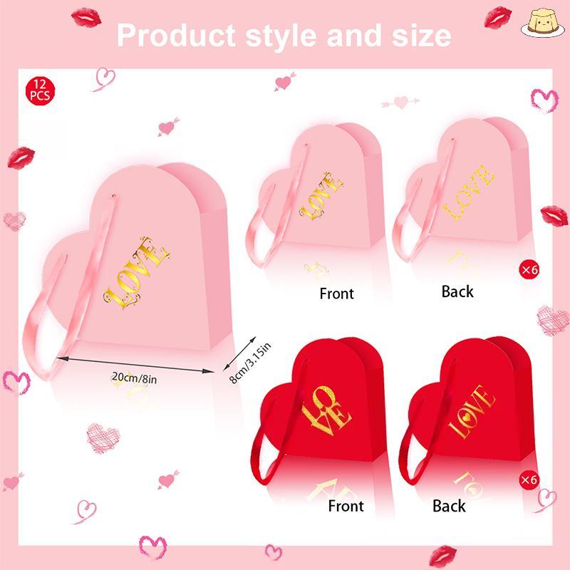 [GZ] ชุดกล่องของขวัญรูปหัวใจ 3D 12 ชิ้น - กล่องมือถือและตะกร้าพับพร้อมถุงช่อดอกไม้ที่ว่างเปล่ากล่องต