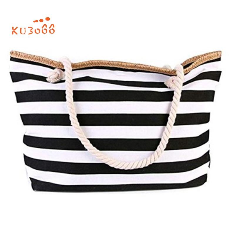 FE2 Canvas Beach Bag Large Stripe Handbag Purse Travel Tote