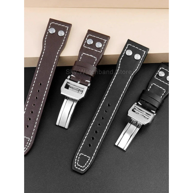 สําหรับ IWC Le Petit Prince Spitfire Pilots 20 21 มม.สีดําสายนาฬิกาหนังแท้แบนอินเทอร์เฟซพับหัวเข็มขั