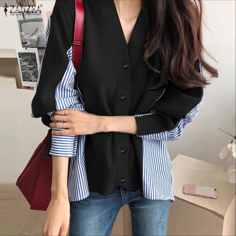 ZANZEA ผู้หญิงเกาหลีฤดูใบไม้ร่วงฤดูหนาว Niche Design V คอยาวแขนยาวลาย Patchwork เสื้อสเวตเตอร์ถักหลวม — صورة 4