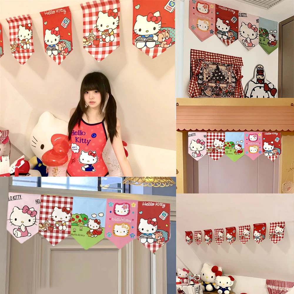 INS Hello Kitty DIY ผ้าม่านธงประตูห้องนอนตกแต่งห้องกระดาษแข็งพาร์ทิชันน่ารักการ์ตูนสร้างสรรค์
