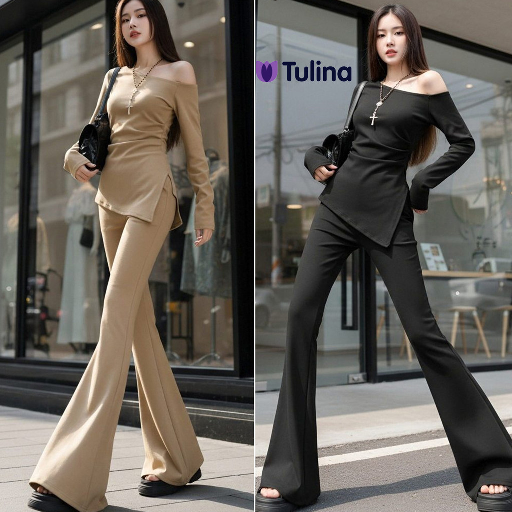 ชุดเซ็ตเสื้อไหล่เฉียงข้างเดียว + กางเกงเอวสูง สไตล์สปอร์ตหรู