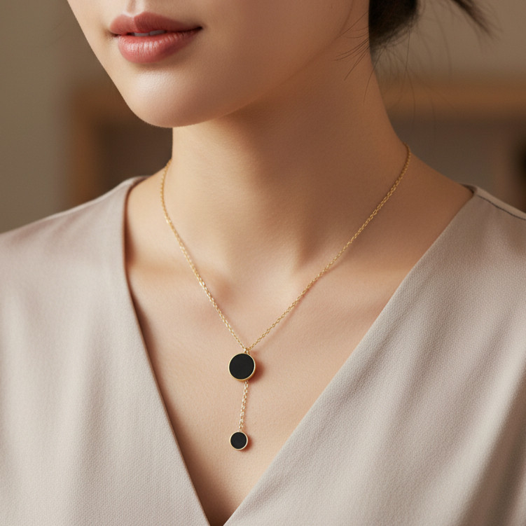 Helena Black 2 Gem Necklace Titanium Material Elegant Modern Look Awandini Jewellery