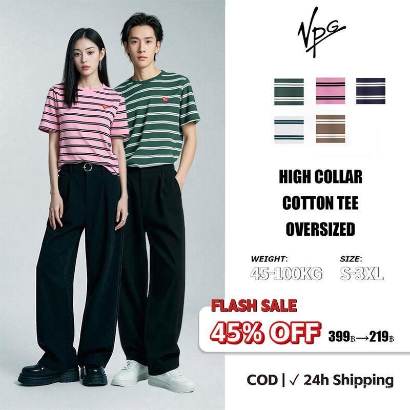 【TH LannaLume】เสื้อยืดผ้าฝ้ายเฮฟวี่เวท 300G สำหรับผู้ชาย VPG ดีไซน์ลายทางคลาสสิก เสื้อยืดคอปกเสริมระ