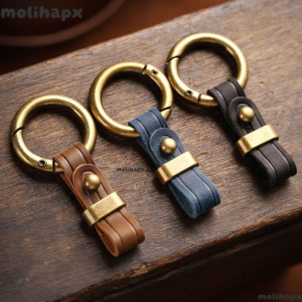 MOLIH ที่ใส่กุญแจหนังแท้, พวงกุญแจรถโลหะป้องกันการสูญหาย, ของขวัญจัดระเบียบกุญแจ EDC ย้อนยุคที่ทนทาน
