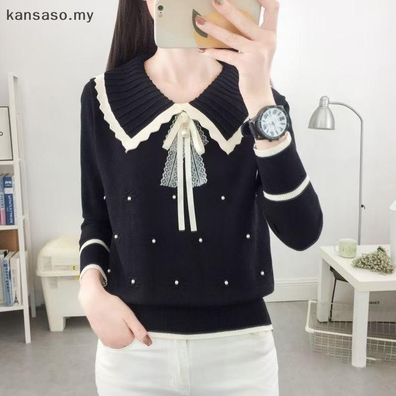 [KSA] เกาหลีโบว์หวานตุ๊กตาคอปกแขนยาวหลวมสบายๆเสื้อกันหนาวลูกปัดสําหรับผู้หญิง [ของฉัน]