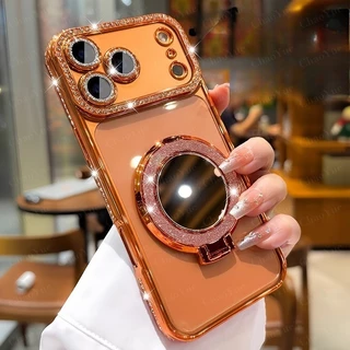 เคสเพชรประกายสําหรับ IPhone 17 16 15 13 14 12 11 Pro Max Plus Air พร้อมกระจกแม่เหล็กขาตั้งป้องกันกล้องเต็มรูปแบบ | ดีไซน์ประกายแวววาวหรูหราสําหรับผู้หญิง