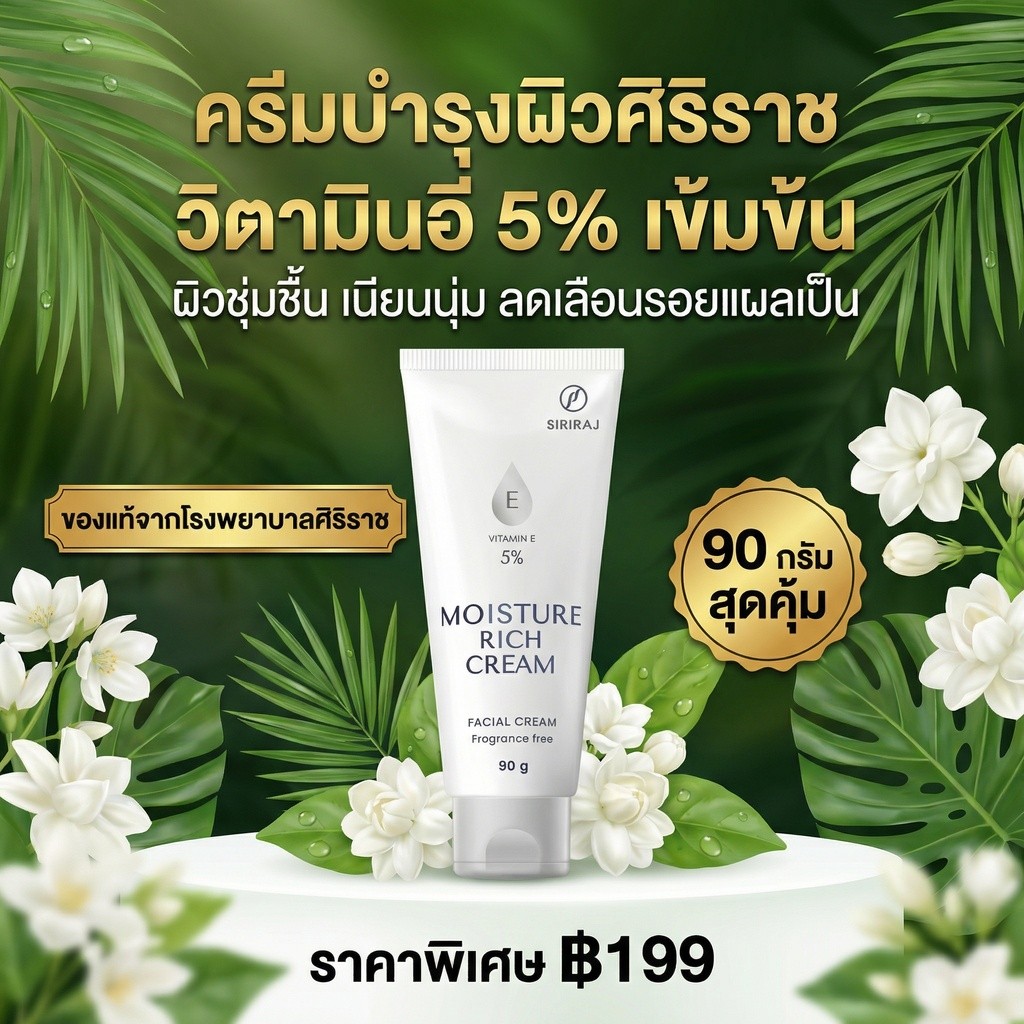 Siriraj ประกอบด้วยครีมซ่อมแซมผิวให้ความชุ่มชื้นและกระจ่างใสของวิตามินอี 5% ให้ความชุ่มชื้นอย่างล้ำลึกและซ่อมแซม | ข้อมูล