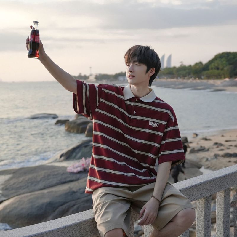 日系复古撞色条纹polo衫男夏季潮牌休闲短袖百搭翻领半袖T恤123.1Japanese Retro Color-block Striped Polo Shirt for Men, Summer Tre