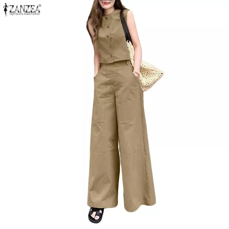 ZANZEA ชุดสองชิ้นสำหรับผู้หญิง สไตลมินิมอลเกาหลี ลูกเรือนอกคอเดียว แขนกุดเอวสูง