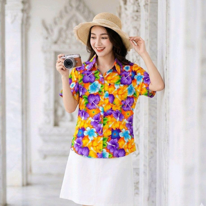 016 เสื้อเชิ้ตลายดอก ผ้าคอตตอน100% สีไม่ตก ผ้าไม่หด ลายคมชัด มีไซส์หญิงชาย S-5XL งานไทย ส่งจากไทย*1ตัว* รูปที่ 4