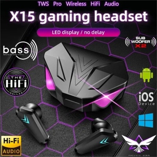 TWS X15 หูฟังสำหรับเล่นเกม Low Latency ไร้สาย หูฟัง พร้อมไมโครโฟนเสียงเบส ตำแหน่งเสียง ชุดหูฟังสเตอริโอไร้สาย