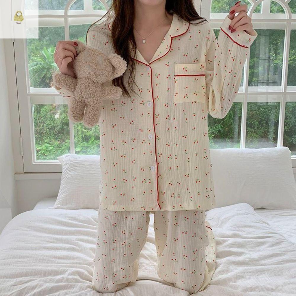 WAY Cherry Pyjamas Women, Ruffle Nightdress Sweet Pyjamas Suit, Homewear Lapel Loose สองชิ้นชุดนอนสา