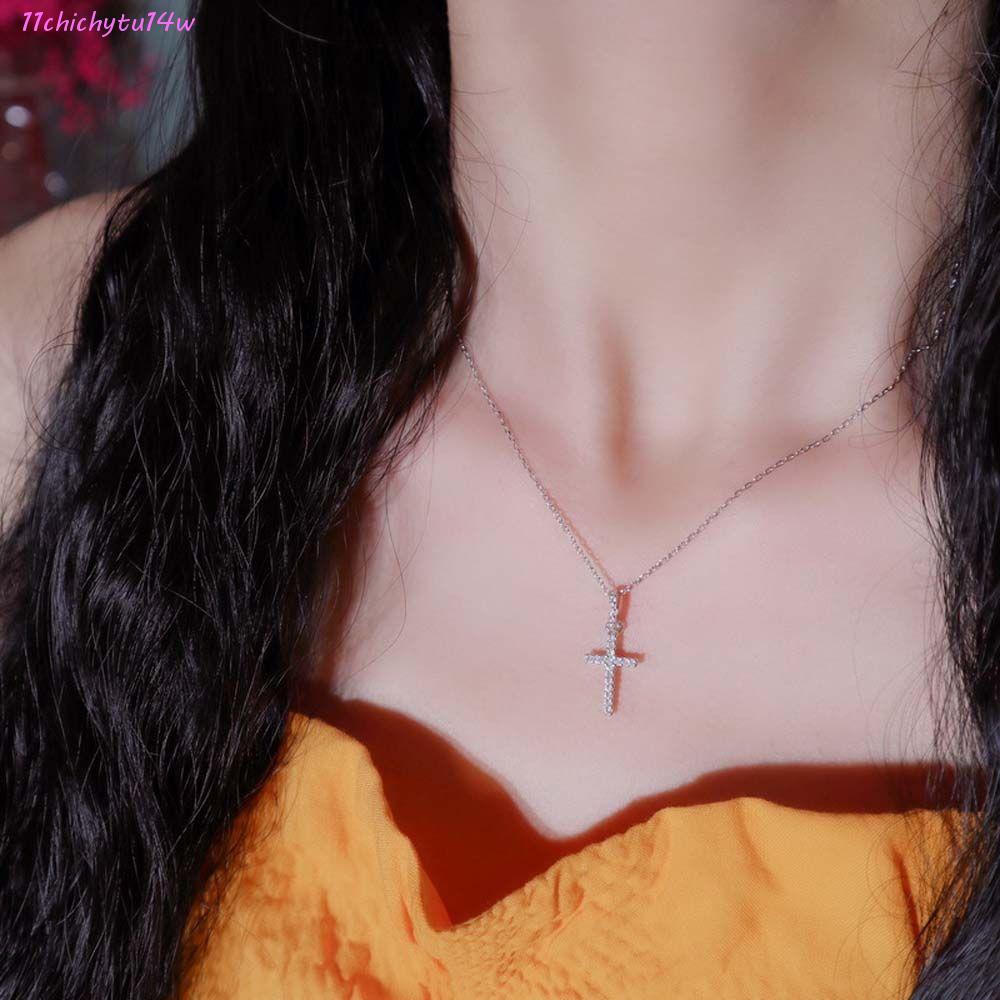 CHICHYTU14W CROSS สร้อยคอ Minimalism Elegant Choker จี้ CROSS Rhinestone Clavicle Chains
