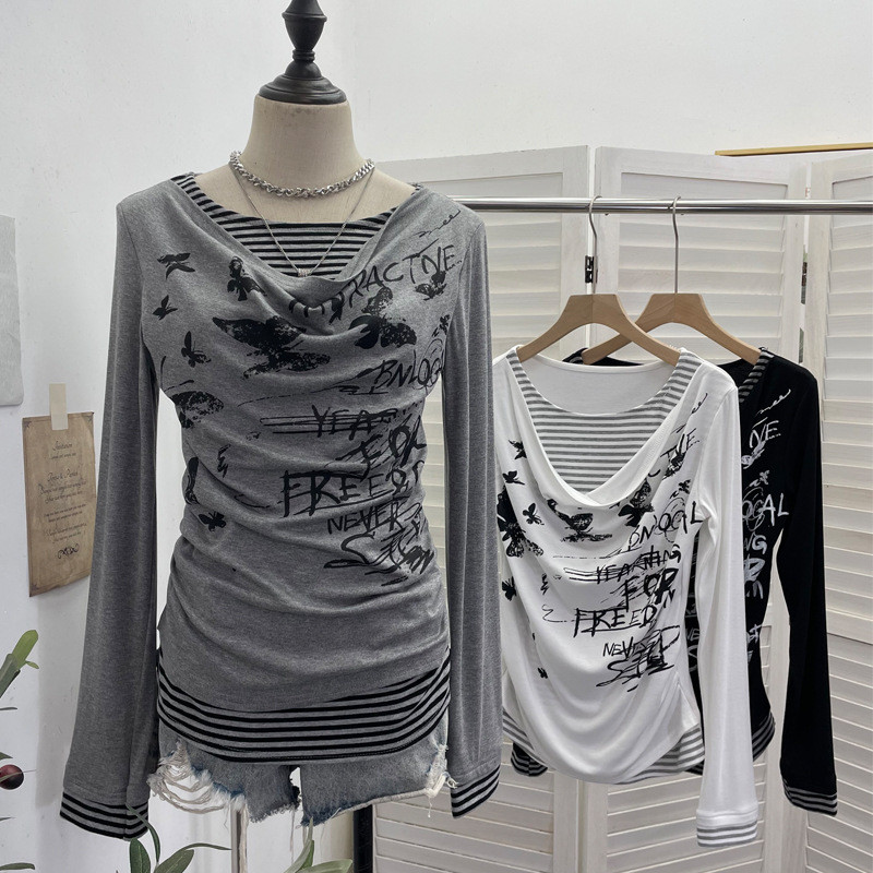 Ruid Real Shot Sweet Cool Y2K ลายผีเสื้อแบบพิมพ์สองชิ้น เสื้อแขนยาว คอสวิง สไตล์ฟิตติดตัว