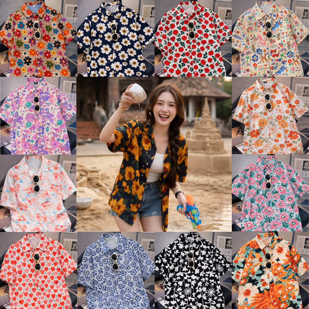 เสื้อสงกรานต์ผู้หญิง ลายดอก สีน้ำเงินดอกเหลือง คอปก แขนสั้น กระดุมหน้า ผ้าไหมอิตาลี เสื้อฮาวาย #308