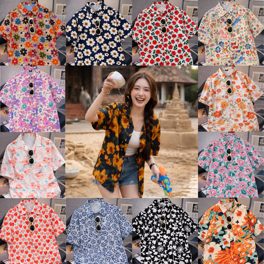 เสื้อสงกรานต์ผู้หญิง ลายดอก สีน้ำเงินดอกเหลือง คอปก แขนสั้น ผ้าไหมอิตาลี #308