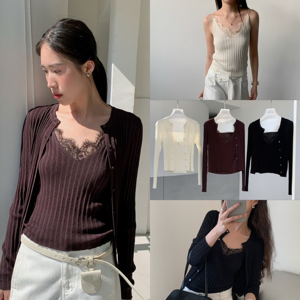❤ 🧵 🇰🇷 I3534 เซ็ท 2 ชิ้น เสื้อคลุมแขนยาว ผ้าร่อง งานกระดุม มาพร้อม เสื้อสายเดี่ยวผ้าร่อ แฟชั่นเกาหลี TAG In by In 🧵🧡
