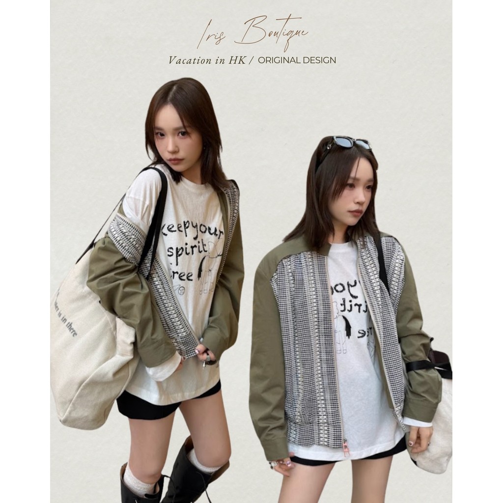 Vacation in HK |Original Design IRIS BOUTIQUE 26ssIJYK77_Army Green Casual Diary Contrast Zip Jacket