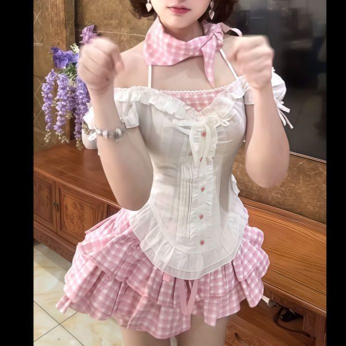 ฤดูร้อนสไตล์ใหม่ลดอายุ Nana Komatsu cos เสื้อผ้าชุดสองชิ้น Slim-fit Niche Design เสื้อเสื้อผ้าผู้หญิ