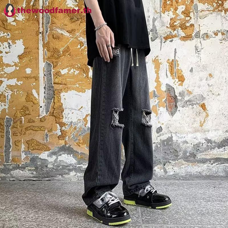Well ผู้ชายหลวม Ripped กางเกงยีนส์อเมริกันอินเทรนด์ Casual Hole Denim กางเกงแฟชั่น Streetwear Y2K กา