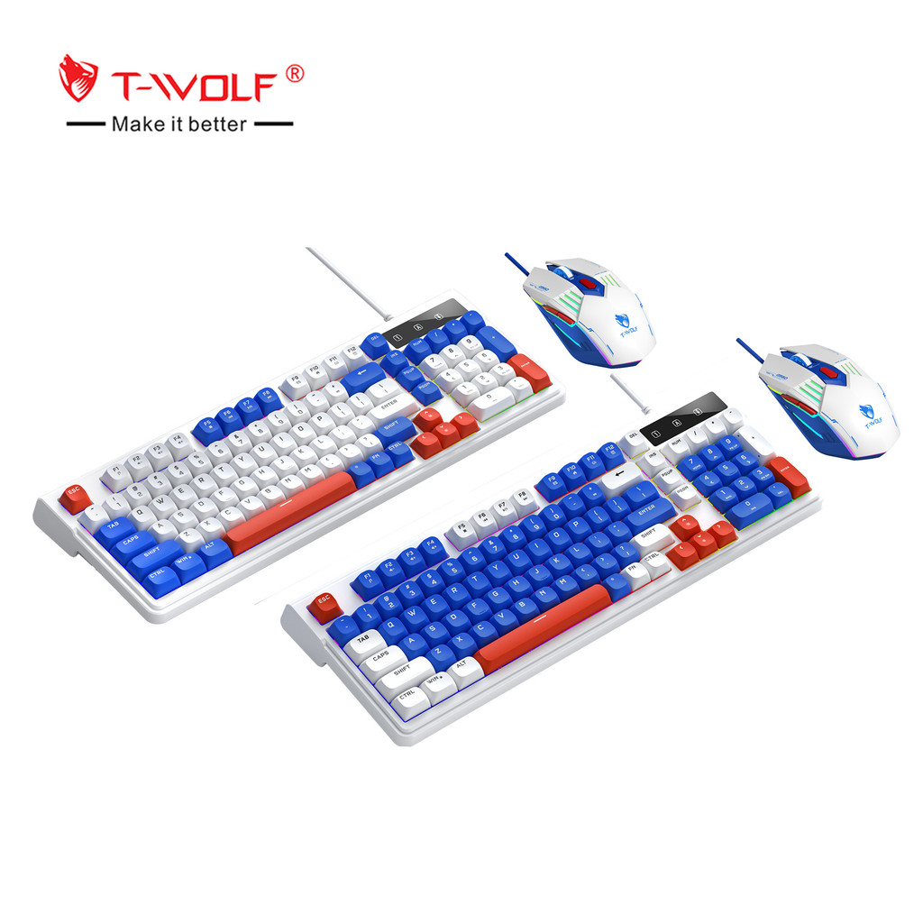 T-WOLF TF610 มัลติมีเดียแบบมีสายผสมสีคีย์บอร์ดเมาส์ Combo 98keys RGB Backlit แบบมีสาย Ke