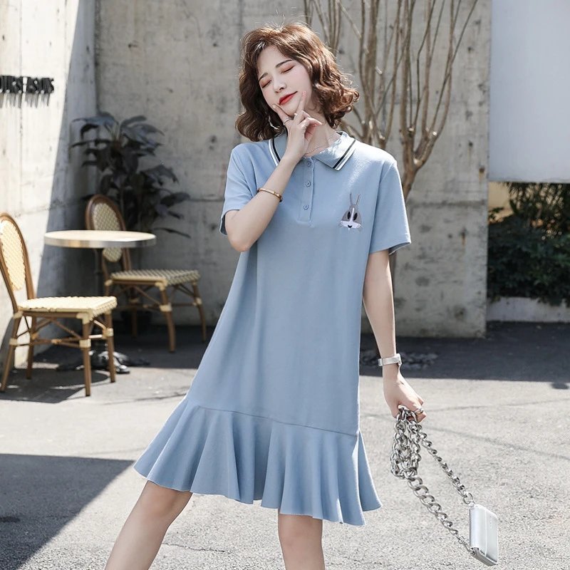 2020 ฤดูร้อน OLO คอปกกระดุมแถวเดียวแขนสั้นสไตล์วิทยาเขตชุดเดรสยาวปานกลาง
