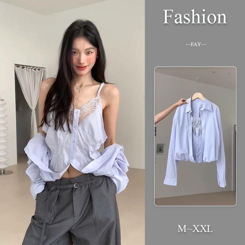 เสื้อเชิ้ตแฟชั่นเกาหลี คอปกแขนยาวแต่งลูกไม้ ทรงสวยเท่ไม่เหมือนไคร ดีเทลเหมือนใส่สองสิ้น-พร้อมส่งจากไทย-รุ่นw568