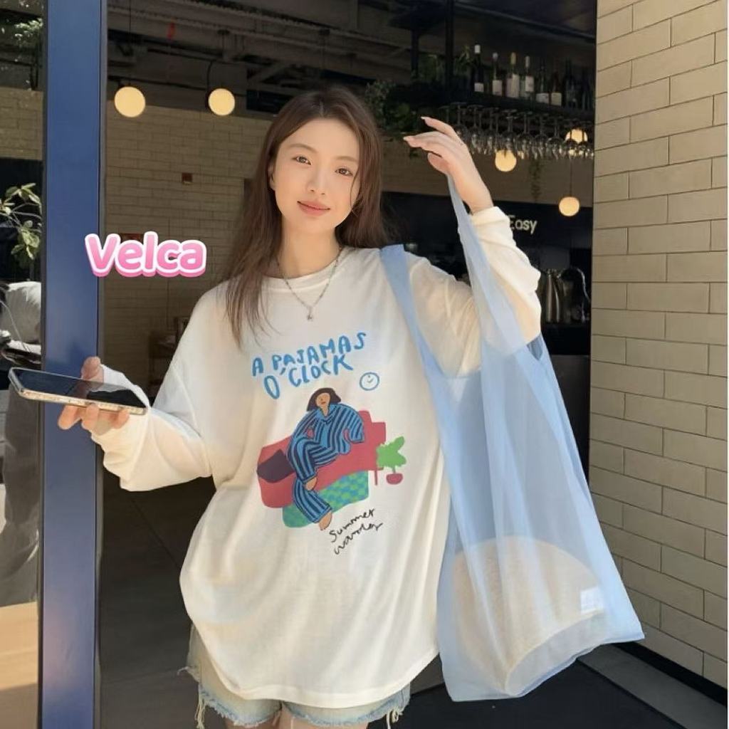 ส่งไวจากไทย เสื้อแขนยาว พิมพ์ลาย ทรงหลวม ใส่สบาย ป้องกันแดด ผู้หญิง Velca