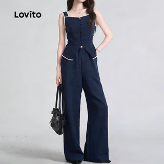 Lovito สง่างาม เสื้อหรือกางเกงลูกไม้ติดกระดุมชุดสีน้ําเงินกรมท่าฤดูใบไม้ผลิ/ฤดูร้อนสําหรับผู้หญิง หลวม เกาหลี อินเทรนด์ L179AD056