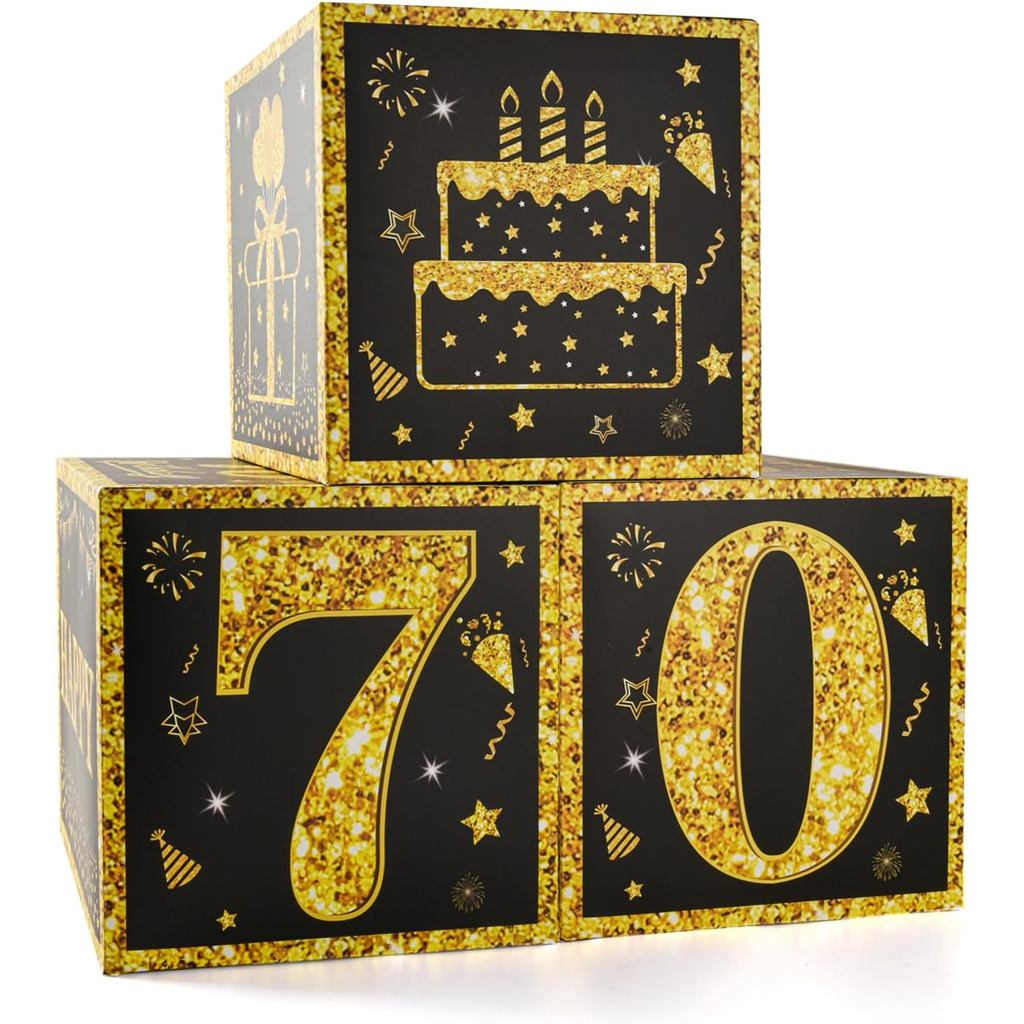 3 ชิ้น 70th วันเกิด Party ตกแต่งกล่องสําหรับชายหรือ Boy- Black Gold Happy 70th วันเกิดบอลลูนกล่อง,หก
