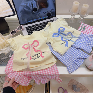 ใหม่ ชุดเซ็ตเด็กผู้หญิง ชุดเซ็ตเด็กลายโบว์ เสื้อแขนพอง+กางเก…