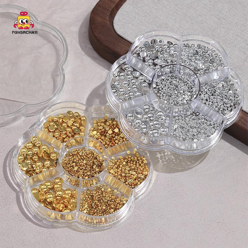 FG 7 กริด Silver Gold Pearl Nail Art ตกแต่งสีขาวครึ่งรอบด้านล่างแบนขนาดผสมเล็บ Diy อุปกรณ์เสริม HS